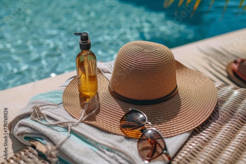 Inviting image of a sun hat, sunglasses, and sunscreen oil resting on the edge of a refreshing pool