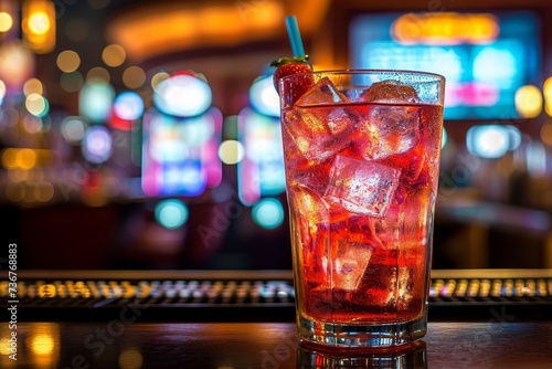 A vivid, lively image of a colorful iced drink on a bar counter, encapsulating the energy of nightlife and social gatherings