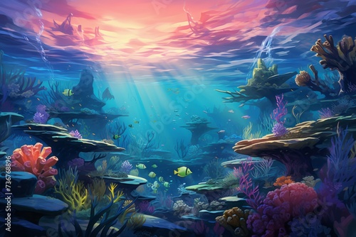 Embark on a visual journey beneath the waves with an anime sea background  featuring animated ocean currents  whimsical sea creatures  Generative AI