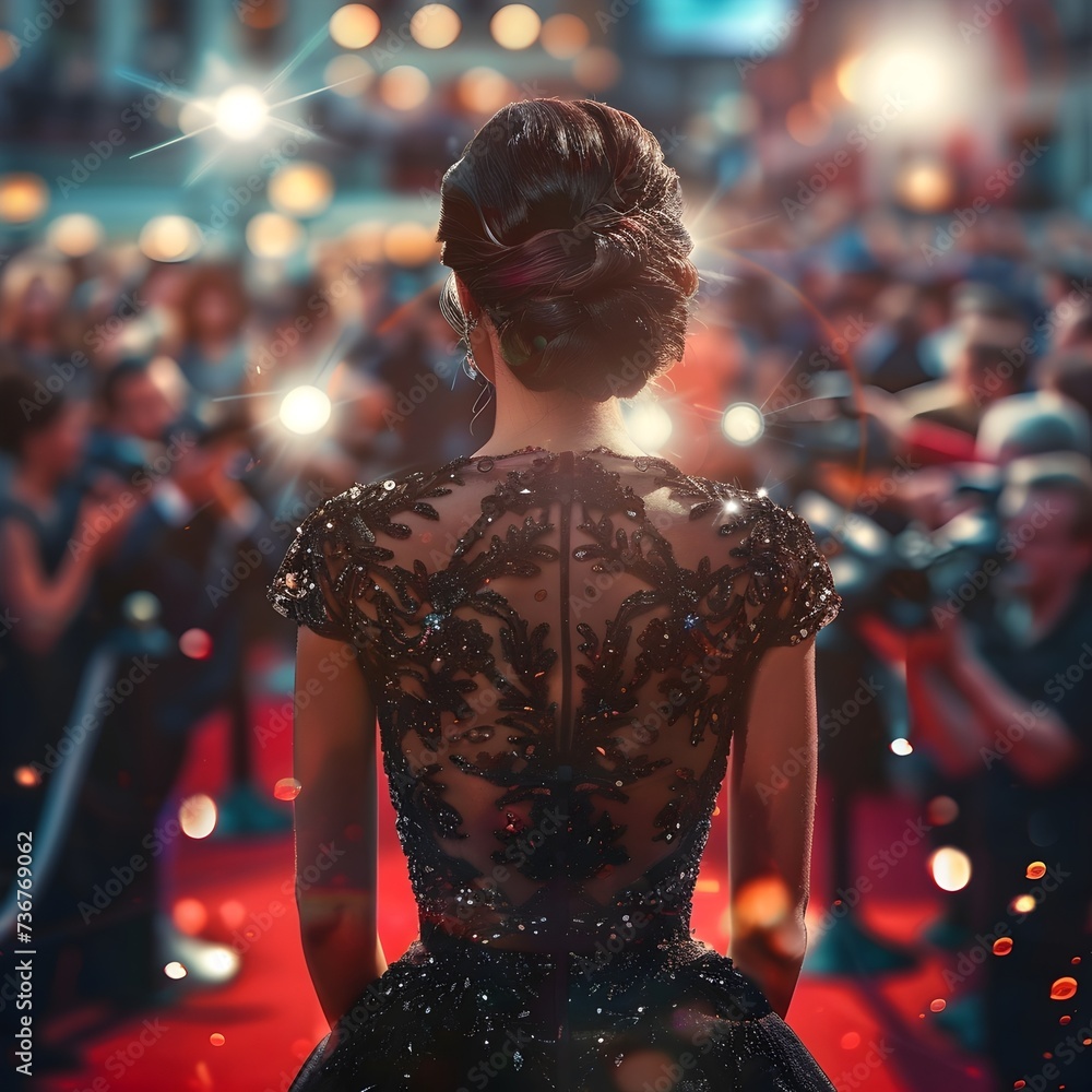 A female movie star in a formal dress is walking down the red carpet at a movie premiere, photographers are taking pictures as she walks - Generative AI A female movie star in a formal dress is walking down the red carpet at a movie premiere, photographers are taking pictures as she walks - Generative AI