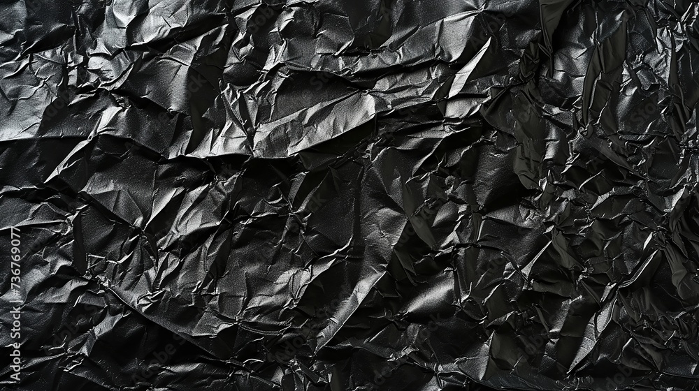 Close-up of crumpled black plastic sheet showcasing intricate textures and shadows Close-up of crumpled black plastic sheet showcasing intricate textures and shadows