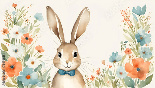 Beautiful easter card with flowers and easter bunny