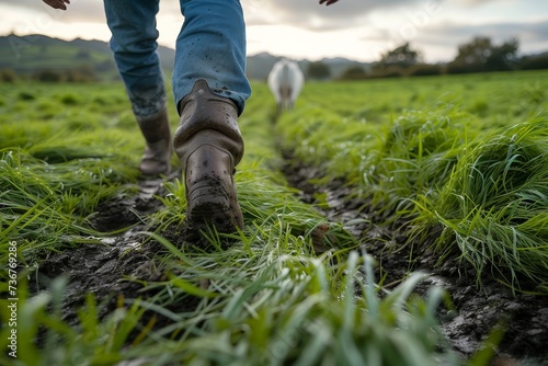The image centers on someone's muddy boot steps in a green field, signifying perseverance through changing conditions photo