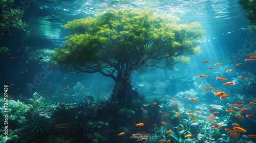 Serene Underwater Scene - A Lush Green Tree Surrounded by Vibrant Orange Fish  Illuminated by Rays of Light Penetrating the Calm Blue Waters