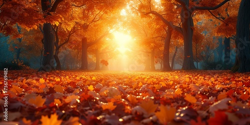 Sunlit autumn forest with a carpet of colorful leaves creating a magical seasonal landscape