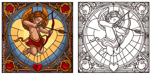 Cupid Holding Bow and Arrow with Presents Coloring Page Stained Glass Vector Art