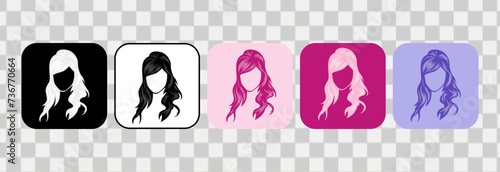 Woman hair icon set collections, sillhouette handdrawn outline. For logotype, clip art, symbol, sticker, or web design. 600 px X 600 px rectangular icon, vector flat illustration.