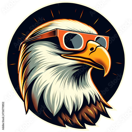 A cool eagle wearing sunglasses total solar eclipse clipart, featuring a detailed illustration with a bold black and orange circle background. photo