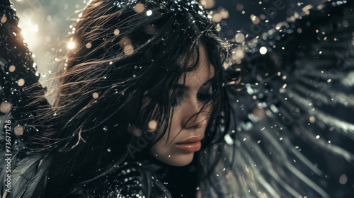 A dark angel with long flowing hair made of shimmering silver hiding a face of pure midnight.