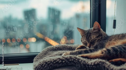Cat Sleeping by Rainy Window: Cozy Indoor Scene Seamless looping 4k time-lapse virtual video animation background. Generated AI