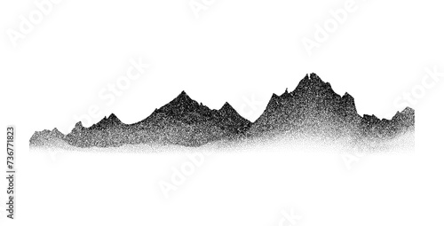 Stippled grain mountain range. Dotted terrain landscape silhouette. Black grainy hill chain. Grunge noise mountain peaks illustration. Dot work texture wallpaper. Vector scenery ridge background