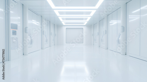 Hospital Hallway: A long, well-lit corridor with clean and modern design, leading to various rooms and entrances inside a hospital building