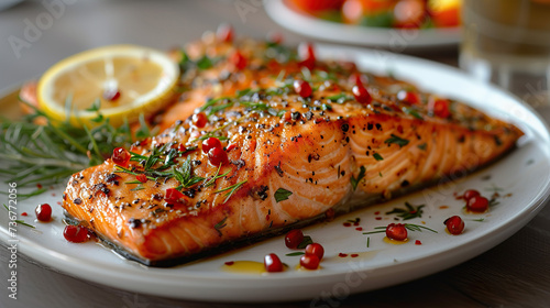 Delicious salmon fillet on a white plate with herbs and a light pinch of pomegranate photo