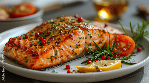Juicy salmon fillet grilled with herbs. 