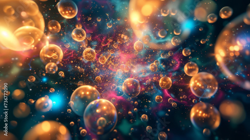 Bursting with color and energy this abstract backdrop captures the essence of Quantum Mechanics where the mysterious world of tiny atoms and particles is brought to life through