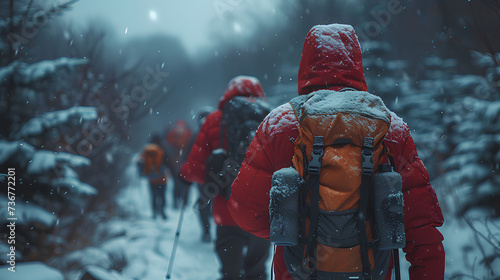 photo of a group of climbers walking in a snowy forest during the day