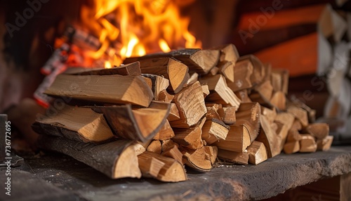 Cozy Winter Warmth - A Scene of Firewood Prepared for Burning, Illuminating the Surrounding with a Warm Glow and Creating a Lively Atmosphere