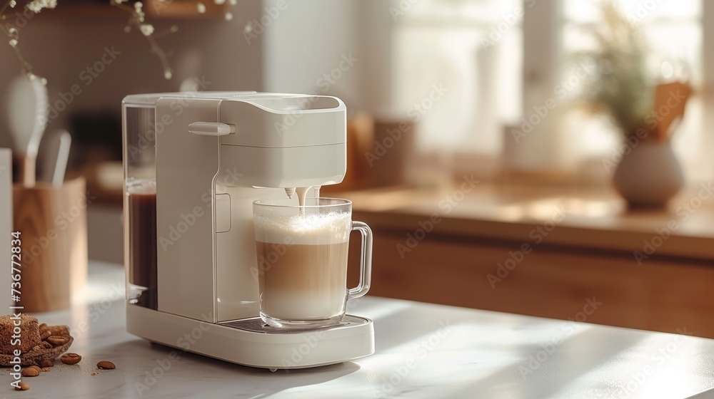 A freshly brewed cup of latte on a marble countertop from a sleek coffee machine A freshly brewed cup of latte on a marble countertop from a sleek coffee machine