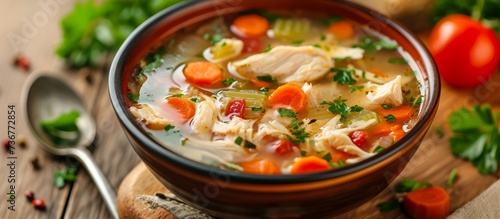 A warm bowl of chicken soup made with carrots and tomatoes is placed on a wooden table, ready to be enjoyed with a spoon. This dish is a comforting and delicious stew, perfect for a cozy meal