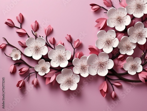 Pink flowers with leaves on pink background