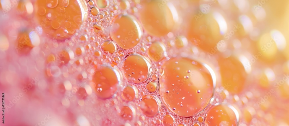 A close up of bubbles in a peachcolored liquid, resembling an astronomical object in science A close up of bubbles in a peachcolored liquid, resembling an astronomical object in science