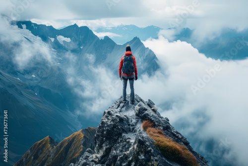 a hiker reached the top of a mountain, beautiful scenery with blue sky