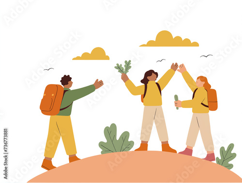 Group of friends travel together outdoors and having fun,flat illustration