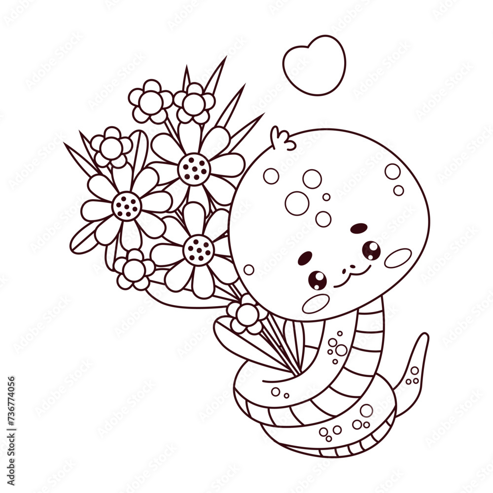 Cute snake with flowers. Romantic reptile kawaii character. Line drawing, coloring book. Vector illustration with cartoon love serpent .