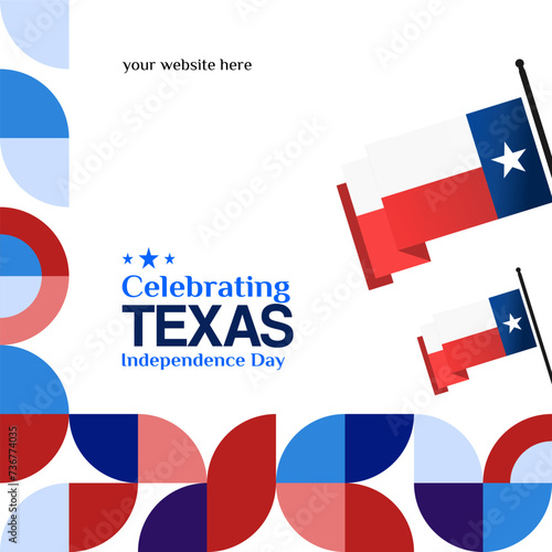 Texas Independence Day banner in colorful modern geometric style. Square greeting card cover Happy national independence day with typography. Vector illustration for national holiday celebration party