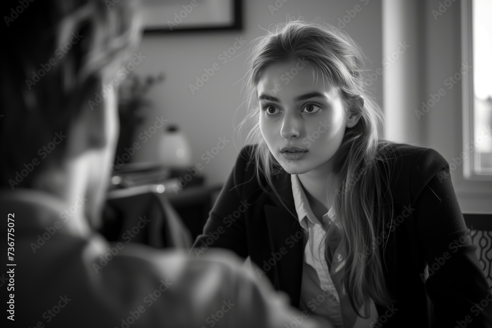 Monochrome photography of head hunter talking to young lady trying to find work. Showed girl from front and blurred man from the back. Both sits in the office room. Monochrome photography of head hunter talking to young lady trying to find work. Showed girl from front and blurred man from the back. Both sits in the office room.