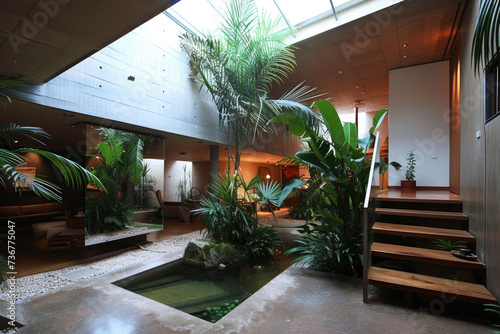 a modern house with many tropical plants and a mini pool