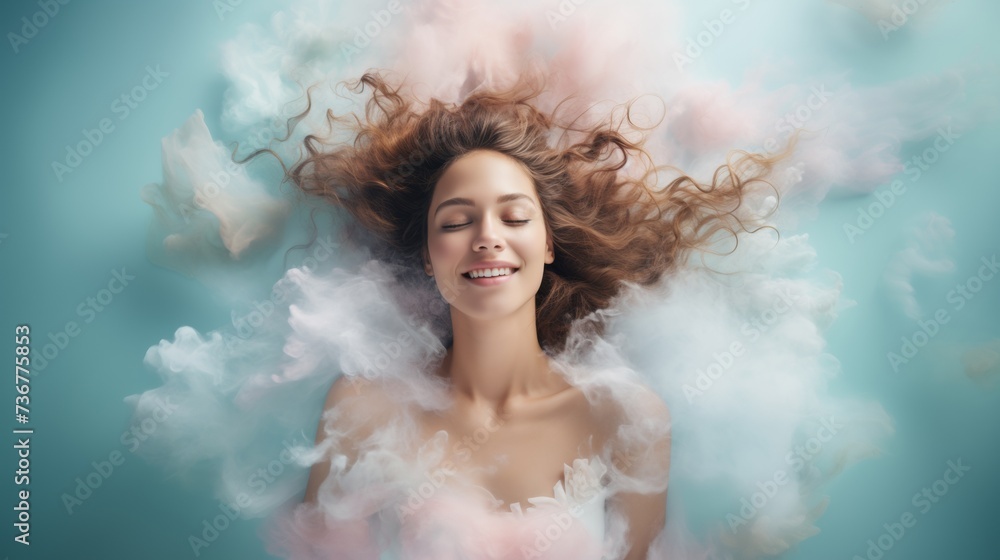 Dreamy woman with clouds, surreal creative concept