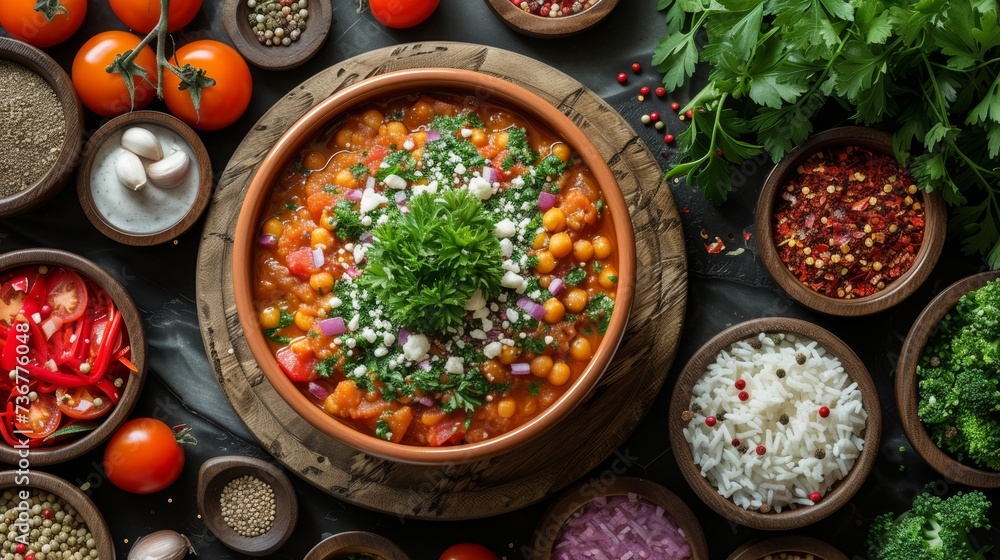 Turkish dish with vibrant ingredients on marble background Turkish dish with vibrant ingredients on marble background