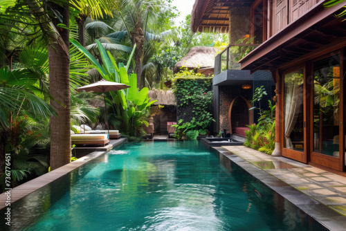 a modern house with many tropical plants and a mini pool © Kien