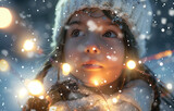 a snow young girl looking at winter lights christmas