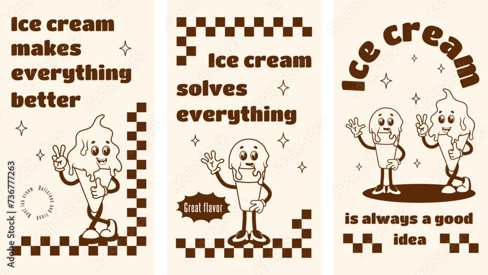 Set of vintage posters with retro ice cream characters. Vector illustration. Funny dessert mascot in retro style. 70's nostalgia. Vector illustration