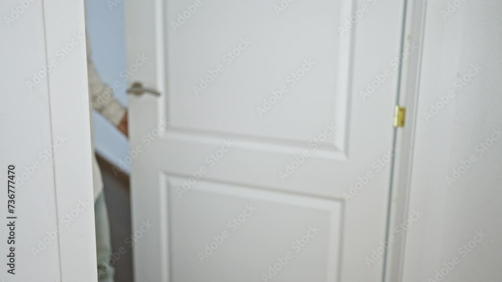 Mature bearded man with a welcoming smile standing at the white entrance door of a home. Mature bearded man with a welcoming smile standing at the white entrance door of a home.