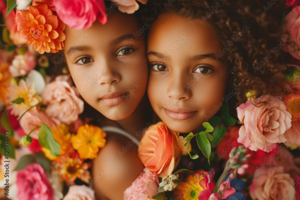 Sisters Embraced in a Floral Wonderland. Two sisters share a close embrace, surrounded by a lush tapestry of vibrant flowers, exuding warmth and sisterly love. Sisters Embraced in a Floral Wonderland. Two sisters share a close embrace, surrounded by a lush tapestry of vibrant flowers, exuding warmth and sisterly love.