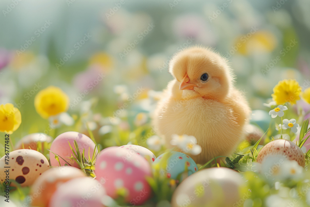 Spring Chick Among Easter Eggs in Flower Field. A fluffy yellow chick stands among colorful Easter eggs scattered in a vibrant field of spring flowers, symbolizing renewal and joy. Spring Chick Among Easter Eggs in Flower Field. A fluffy yellow chick stands among colorful Easter eggs scattered in a vibrant field of spring flowers, symbolizing renewal and joy.