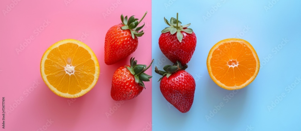 strawberries and oranges on a pink and blue background . High quality strawberries and oranges on a pink and blue background . High quality