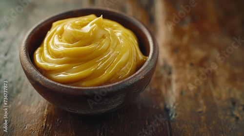 Close-up view of luscious mustard in a rustic bowl on a wooden table