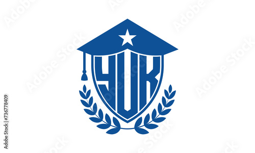 YUK three letter iconic academic logo design vector template. monogram, abstract, school, college, university, graduation cap symbol logo, shield, model, institute, educational, coaching canter, tech