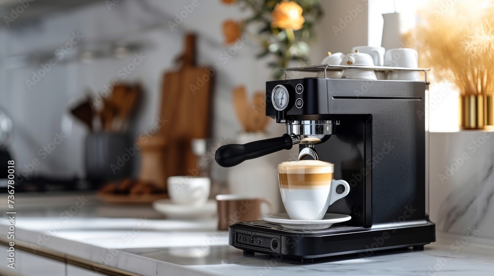 A freshly brewed cup of latte on a marble countertop from a sleek coffee machine - obrazy, fototapety, plakaty 