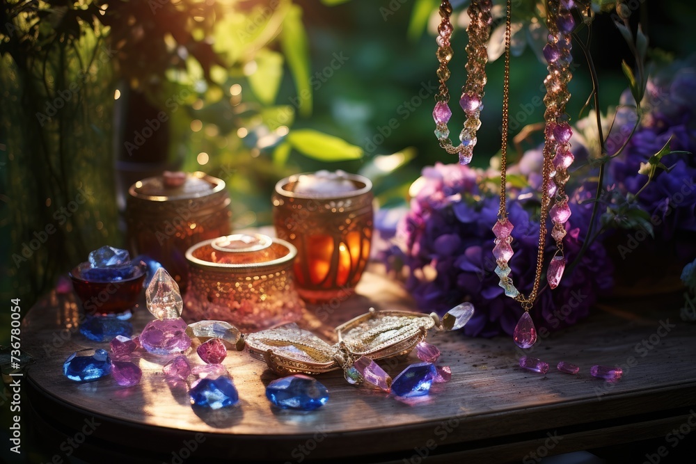 Osiris Garden Glow: Display jewelry near a garden with elements inspired by Osiris and enchanting.