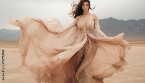 Fashion model in desert, tight long dress fluttering in breeze on cloudy day.