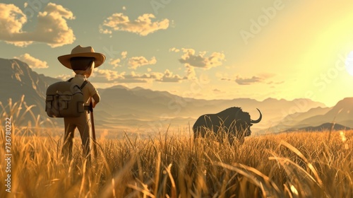 Cartoon digital avatars of a Savannah Sam, the diligent ranger preserving the serene landscape of the buffalo park. photo