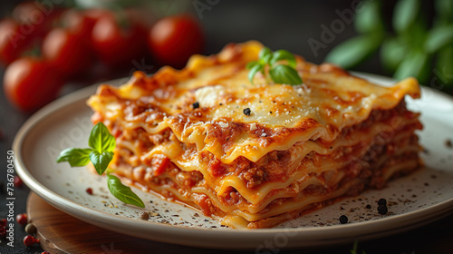Appetizing lasagna with bolognese sauce with thin layers of pasta.