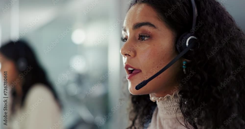 Face, call center and woman talking on headset for customer service, support or communication. Contact us, crm or consulting and happy young telemarketing agent in workplace with smile for assistance
