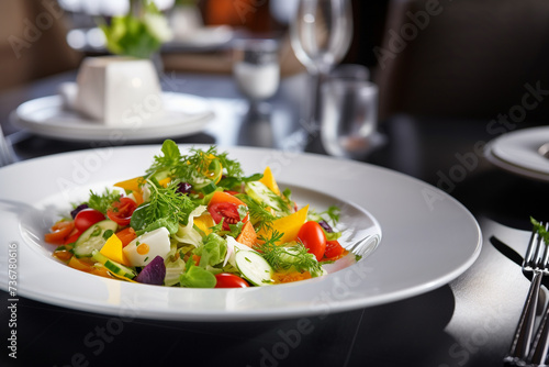 Fresh and colorful mixed salad with variety of vegetables served in white plate