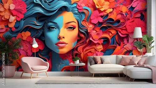 there is a beautifulroom with beautiful sofas, a picture of a beautiful girl and flowers . Whether you prefer bold and vibrant or subtle and elegant, our unique designs will bring your walls to life.